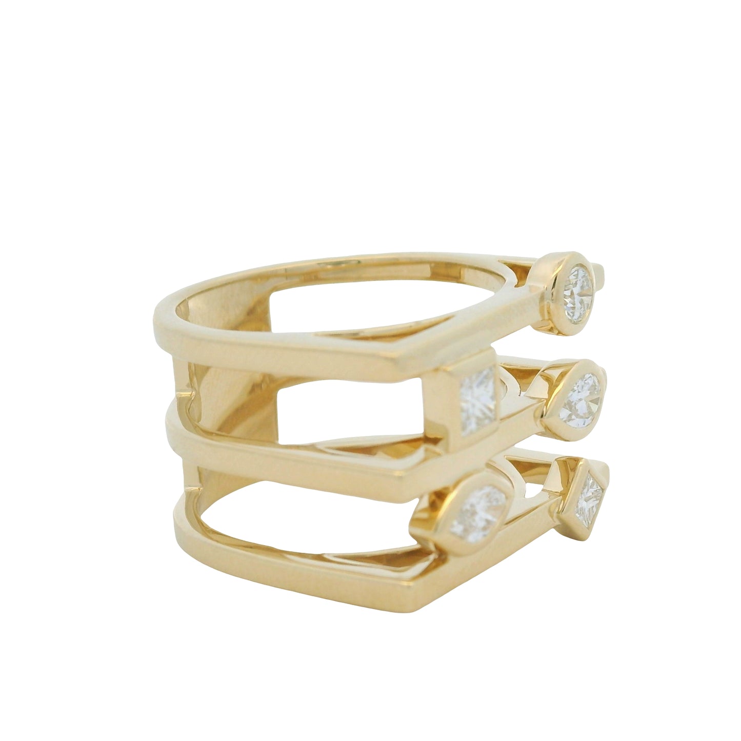 14K Yellow Gold Multi-Shape Diamond Bezel Set 3-Row Squared Off Ring