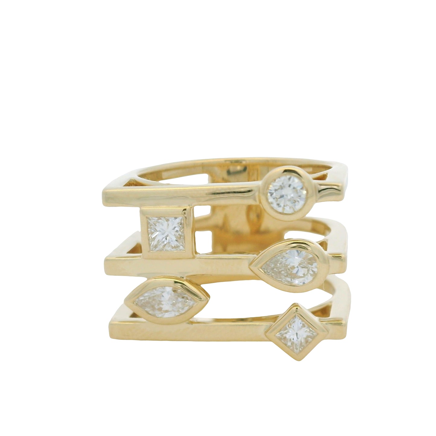 14K Yellow Gold Multi-Shape Diamond Bezel Set 3-Row Squared Off Ring