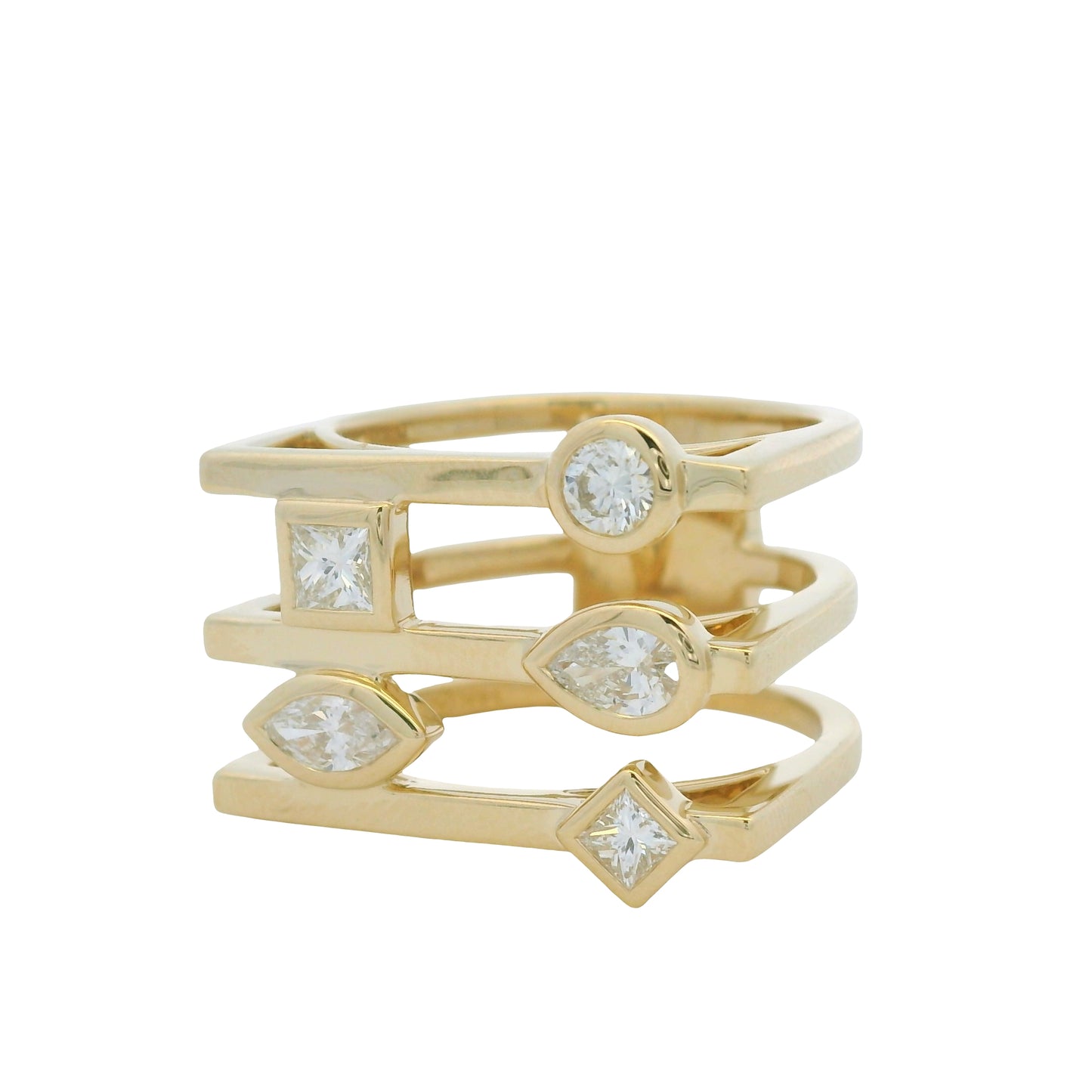 14K Yellow Gold Multi-Shape Diamond Bezel Set 3-Row Squared Off Ring