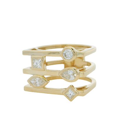 14K Yellow Gold Multi-Shape Diamond Bezel Set 3-Row Squared Off Ring