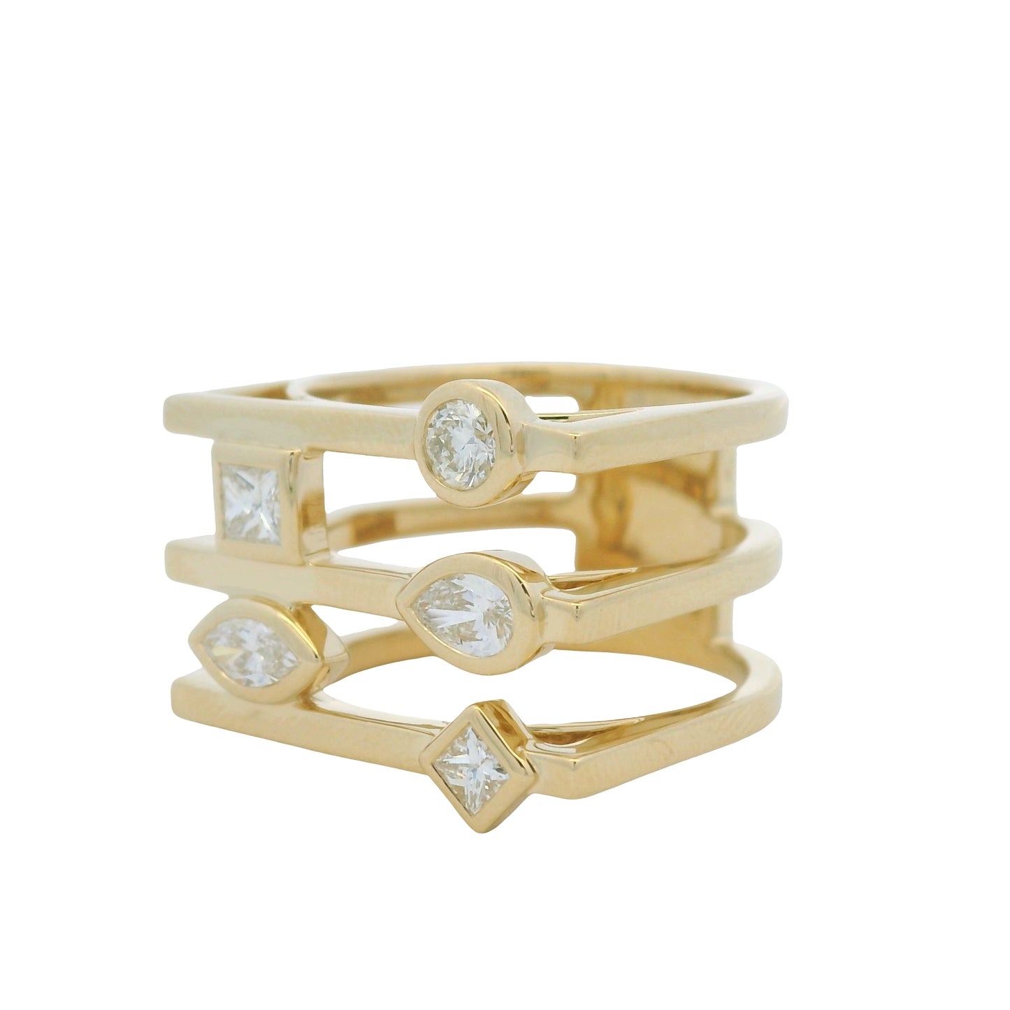 14K Yellow Gold Multi-Shape Diamond Bezel Set 3-Row Squared Off Ring
