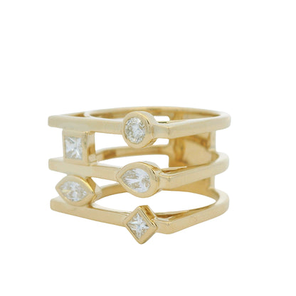 14K Yellow Gold Multi-Shape Diamond Bezel Set 3-Row Squared Off Ring