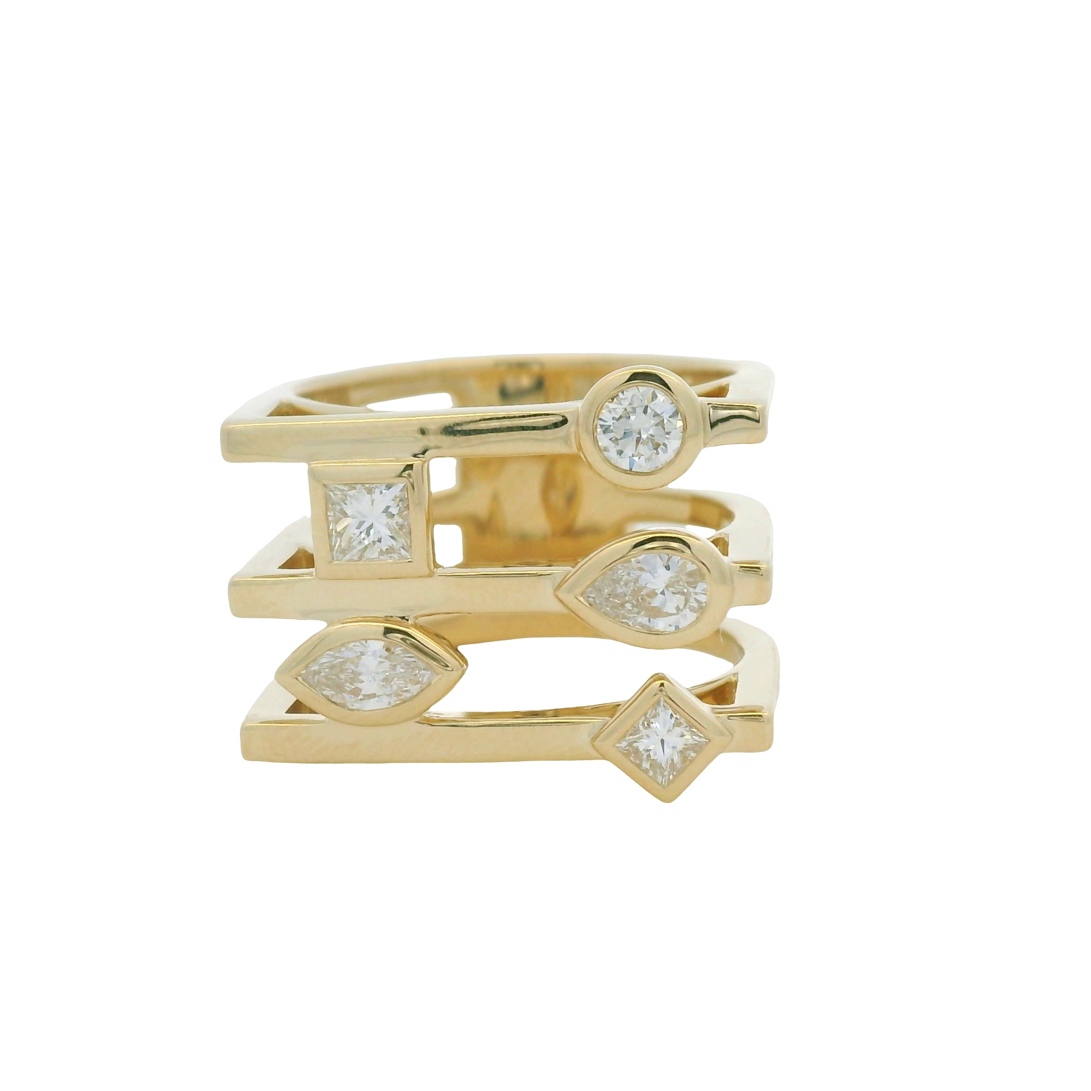 14K Yellow Gold Multi-Shape Diamond Bezel Set 3-Row Squared Off Ring