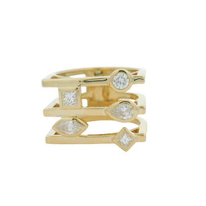 14K Yellow Gold Multi-Shape Diamond Bezel Set 3-Row Squared Off Ring