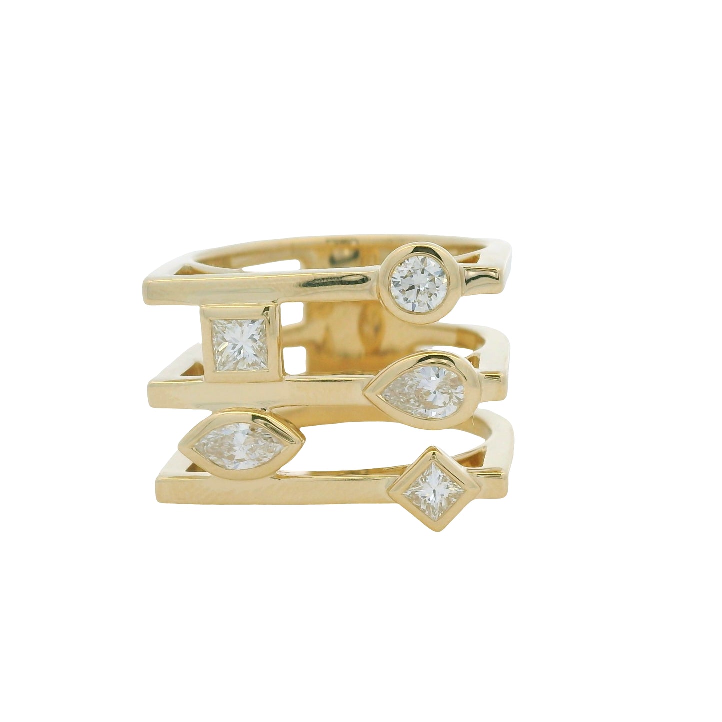 14K Yellow Gold Multi-Shape Diamond Bezel Set 3-Row Squared Off Ring