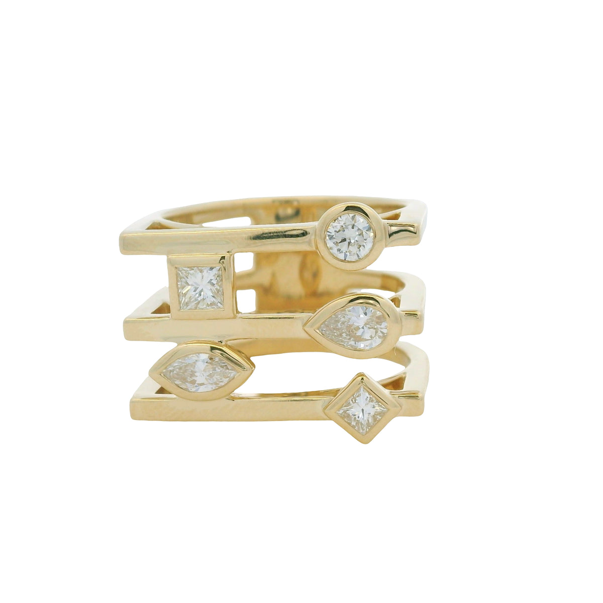 14K Yellow Gold Multi-Shape Diamond Bezel Set 3-Row Squared Off Ring — product photo 5
