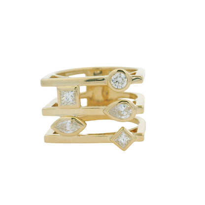 14K Yellow Gold Multi-Shape Diamond Bezel Set 3-Row Squared Off Ring
