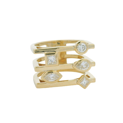 14K Yellow Gold Multi-Shape Diamond Bezel Set 3-Row Squared Off Ring