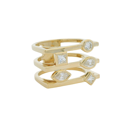 14K Yellow Gold Multi-Shape Diamond Bezel Set 3-Row Squared Off Ring