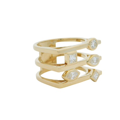 14K Yellow Gold Multi-Shape Diamond Bezel Set 3-Row Squared Off Ring