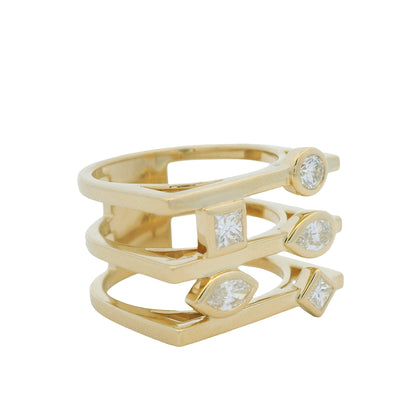 14K Yellow Gold Multi-Shape Diamond Bezel Set 3-Row Squared Off Ring