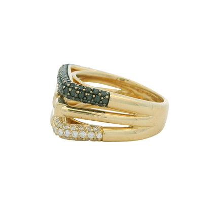 14K Yellow Gold Black & White Diamond Round & Baguette Cut Squared Off Ring