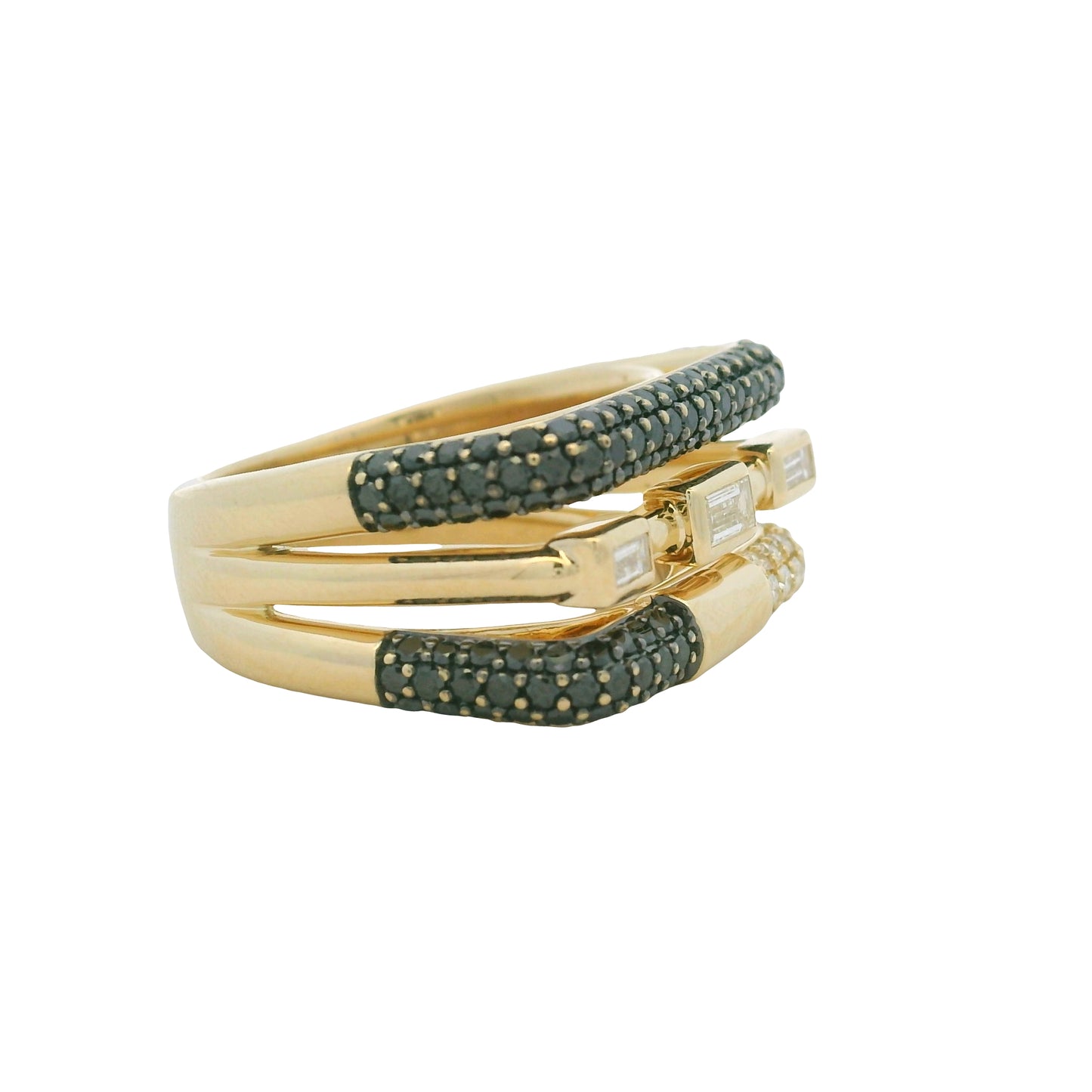 14K Yellow Gold Black & White Diamond Round & Baguette Cut Squared Off Ring