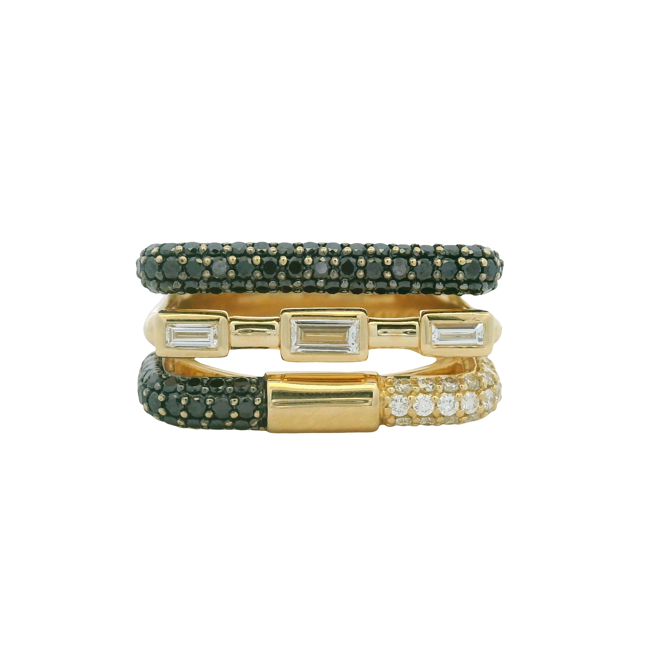 14K Yellow Gold Black & White Diamond Round & Baguette Cut Squared Off Ring