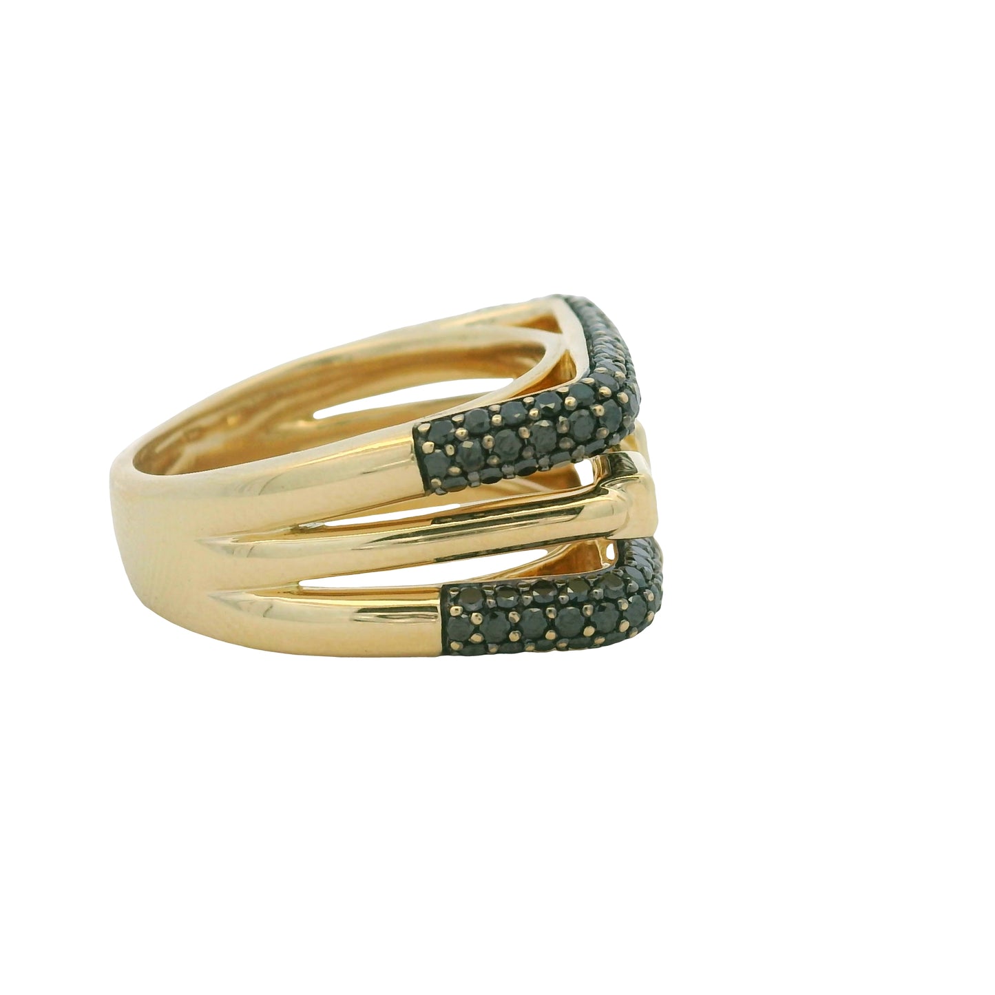14K Yellow Gold Black & White Diamond Round & Baguette Cut Squared Off Ring