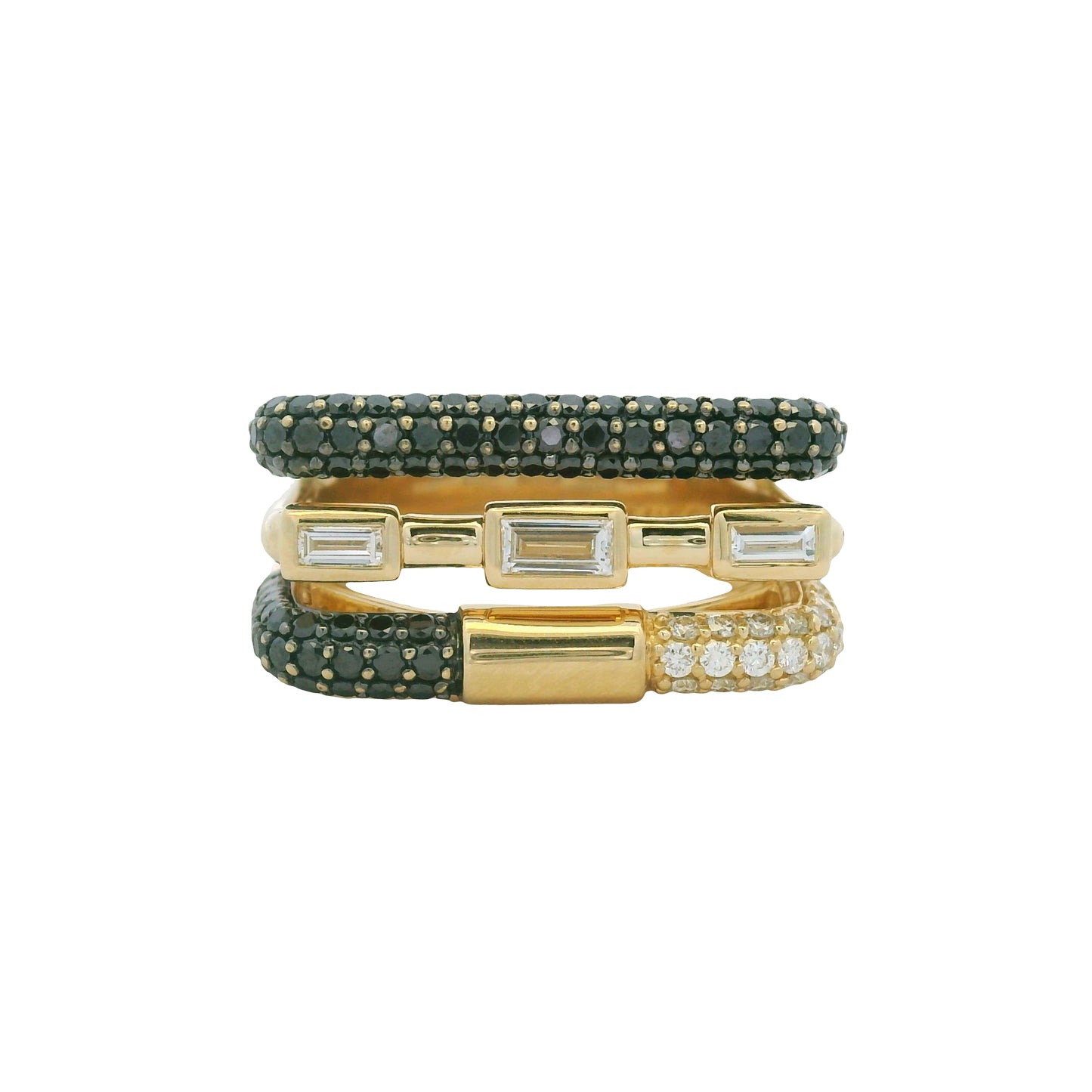 14K Yellow Gold Black & White Diamond Round & Baguette Cut Squared Off Ring