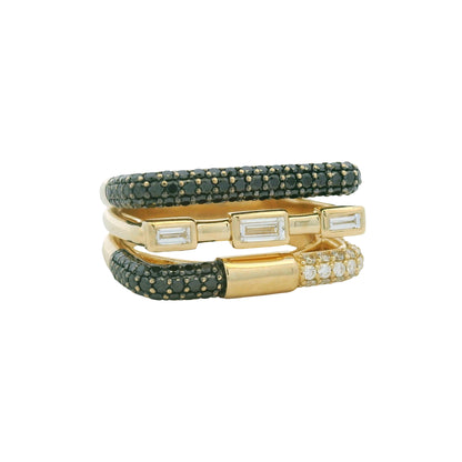 14K Yellow Gold Black & White Diamond Round & Baguette Cut Squared Off Ring