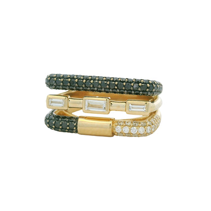 14K Yellow Gold Black & White Diamond Round & Baguette Cut Squared Off Ring