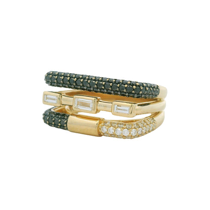 14K Yellow Gold Black & White Diamond Round & Baguette Cut Squared Off Ring
