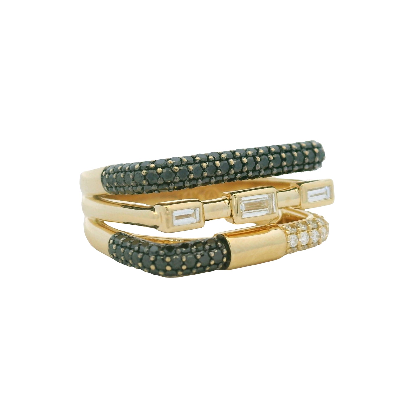 14K Yellow Gold Black & White Diamond Round & Baguette Cut Squared Off Ring