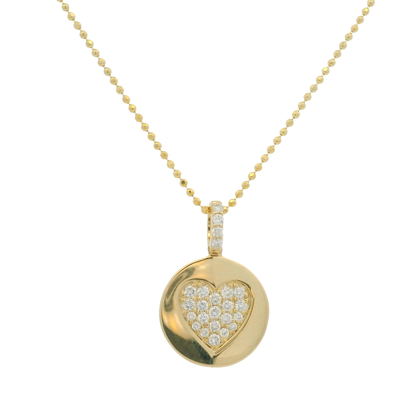 14K Yellow Gold Natural Diamond Pavé Heart Disc Pendant Beaded Necklace