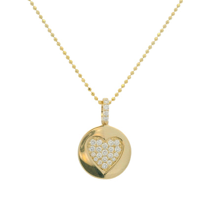 14K Yellow Gold Natural Diamond Pavé Heart Disc Pendant Beaded Necklace