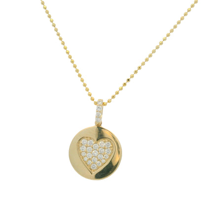 14K Yellow Gold Natural Diamond Pavé Heart Disc Pendant Beaded Necklace