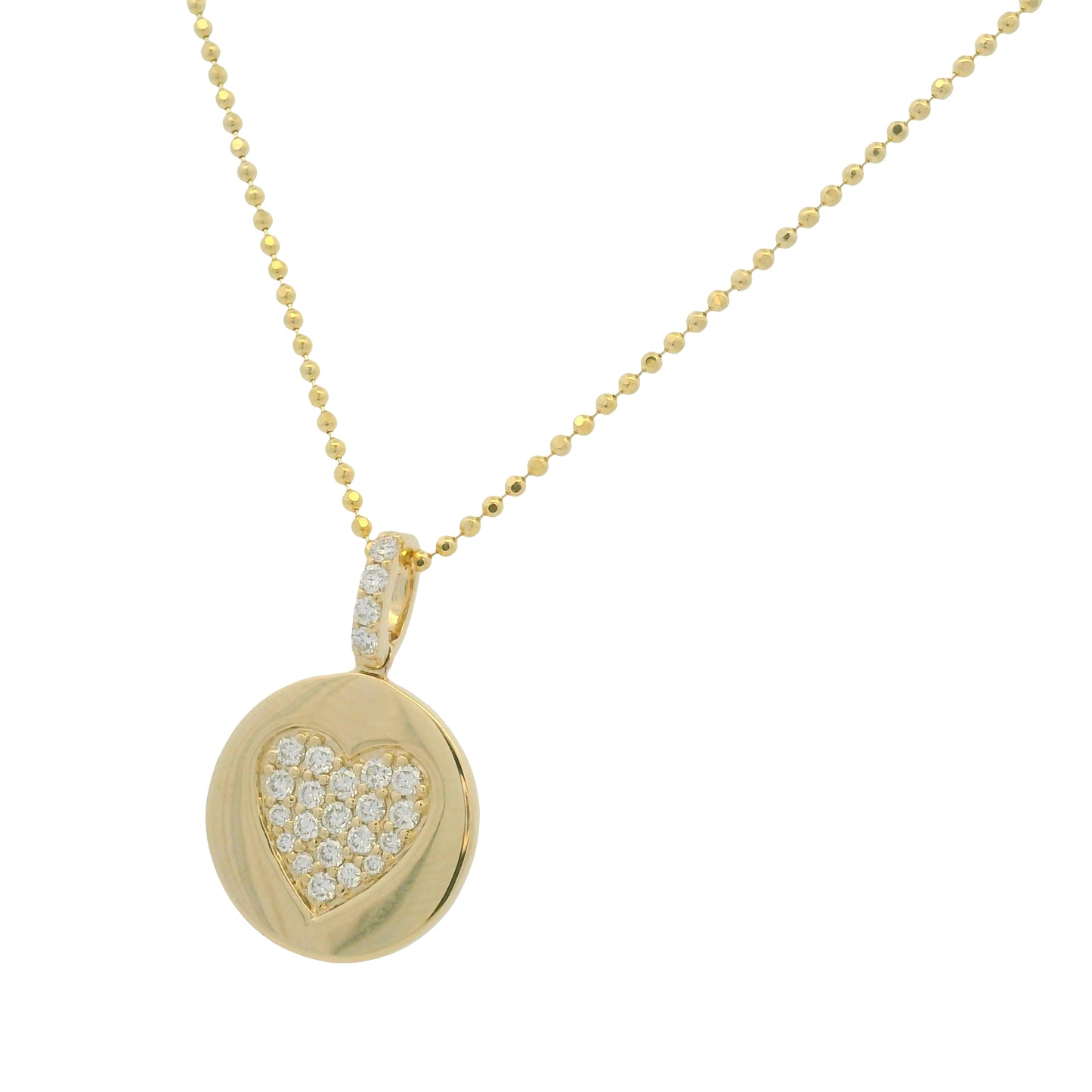 14K Yellow Gold Natural Diamond Pavé Heart Disc Pendant Beaded Necklace