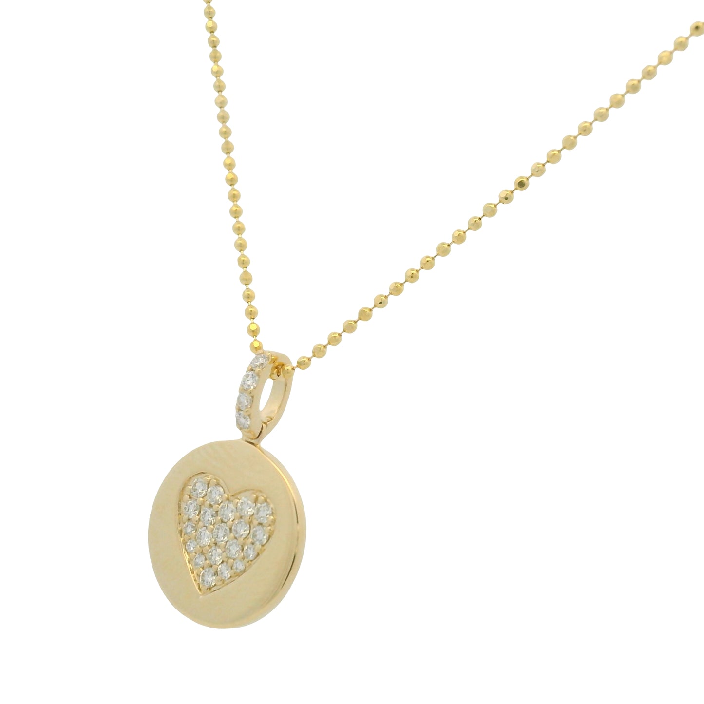 14K Yellow Gold Natural Diamond Pavé Heart Disc Pendant Beaded Necklace