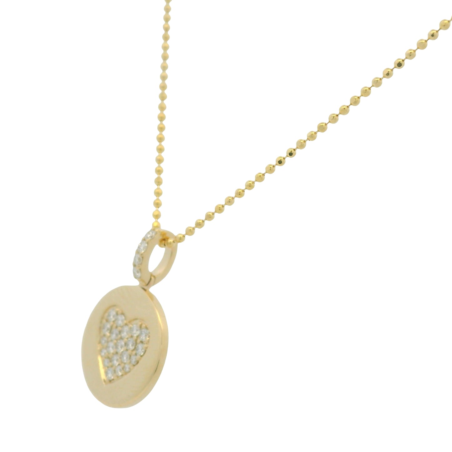 14K Yellow Gold Natural Diamond Pavé Heart Disc Pendant Beaded Necklace
