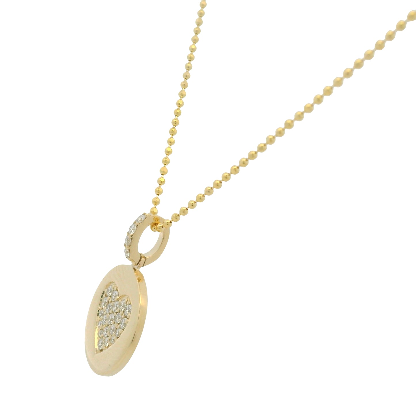 14K Yellow Gold Natural Diamond Pavé Heart Disc Pendant Beaded Necklace
