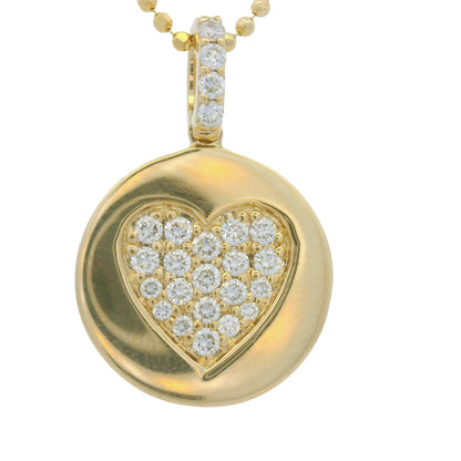 14K Yellow Gold Natural Diamond Pavé Heart Disc Pendant Beaded Necklace
