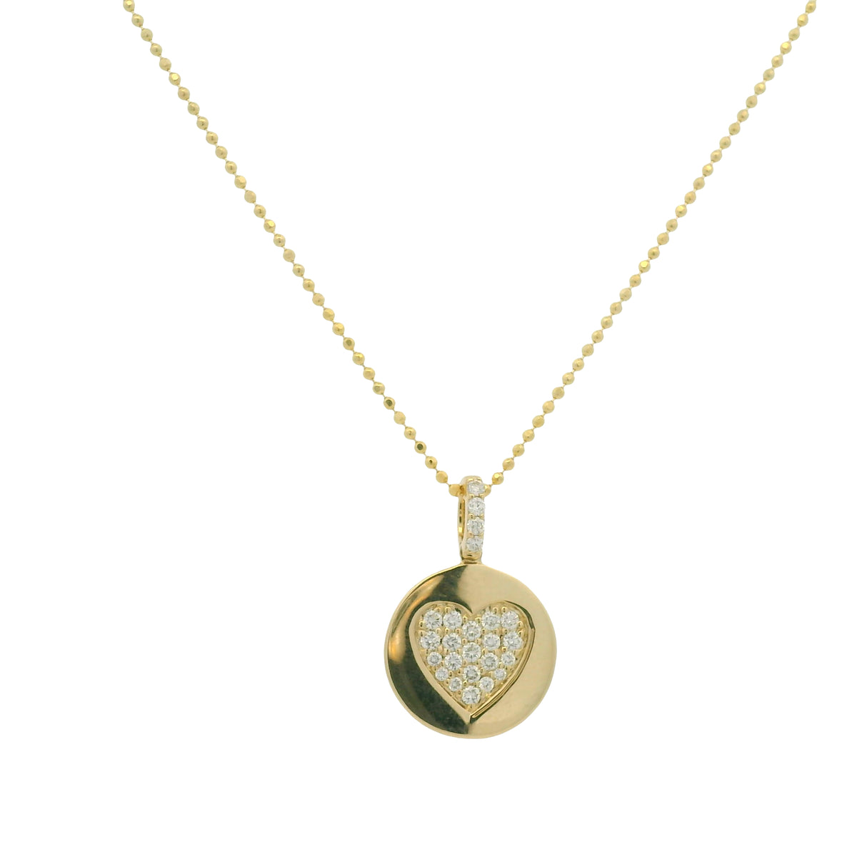 14K Yellow Gold Natural Diamond Pavé Heart Disc Pendant Beaded Necklace — product photo 3