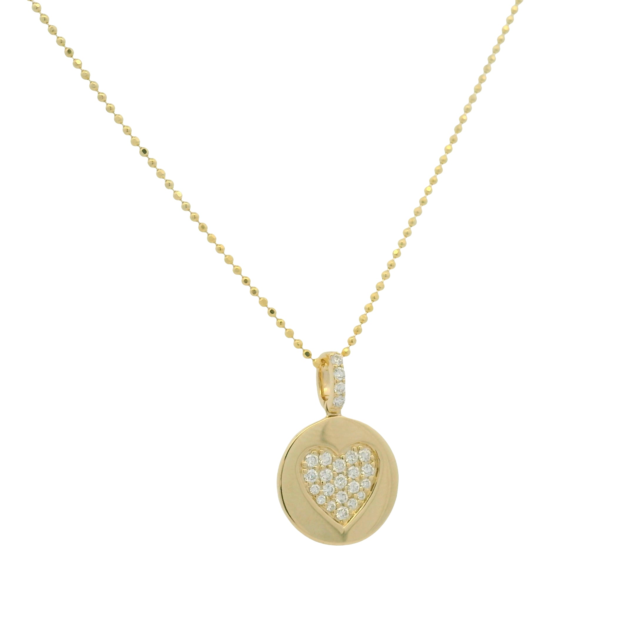 14K Yellow Gold Natural Diamond Pavé Heart Disc Pendant Beaded Necklace