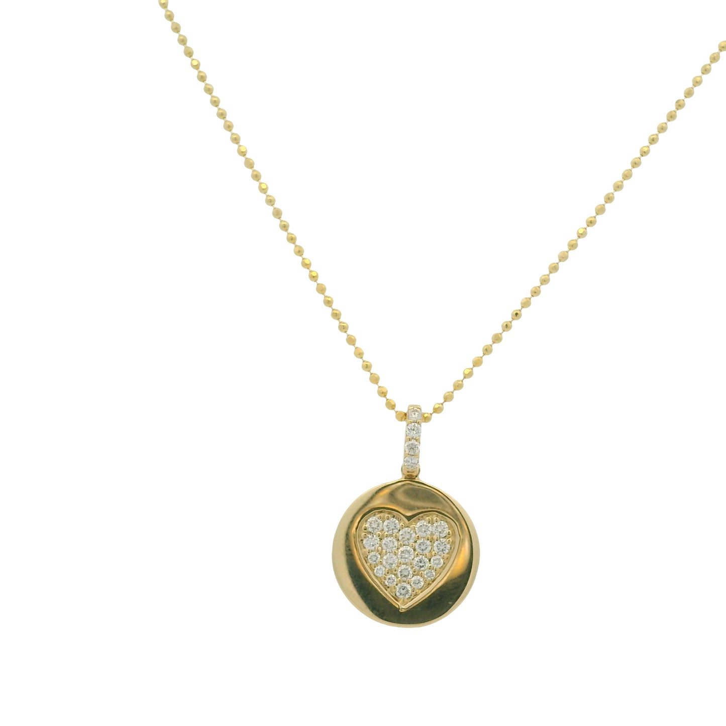 14K Yellow Gold Natural Diamond Pavé Heart Disc Pendant Beaded Necklace