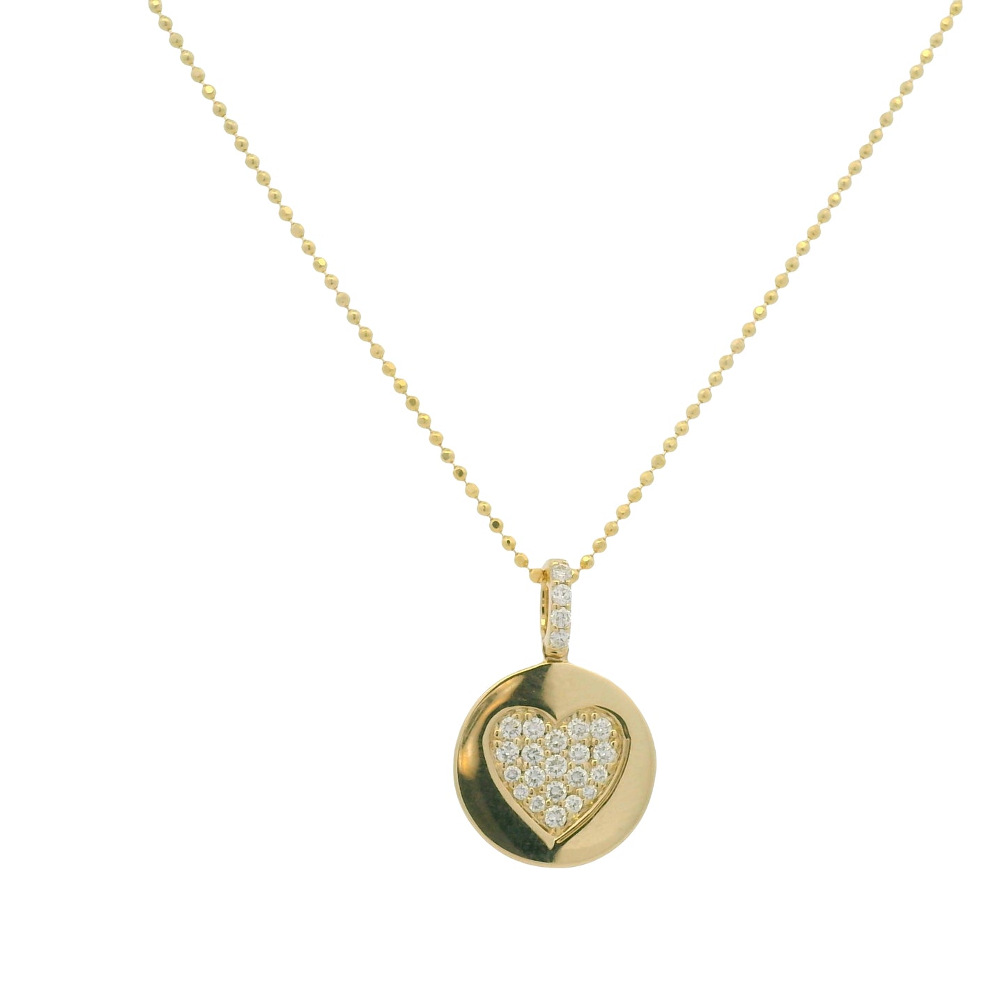 14K Yellow Gold Natural Diamond Pavé Heart Disc Pendant Beaded Necklace