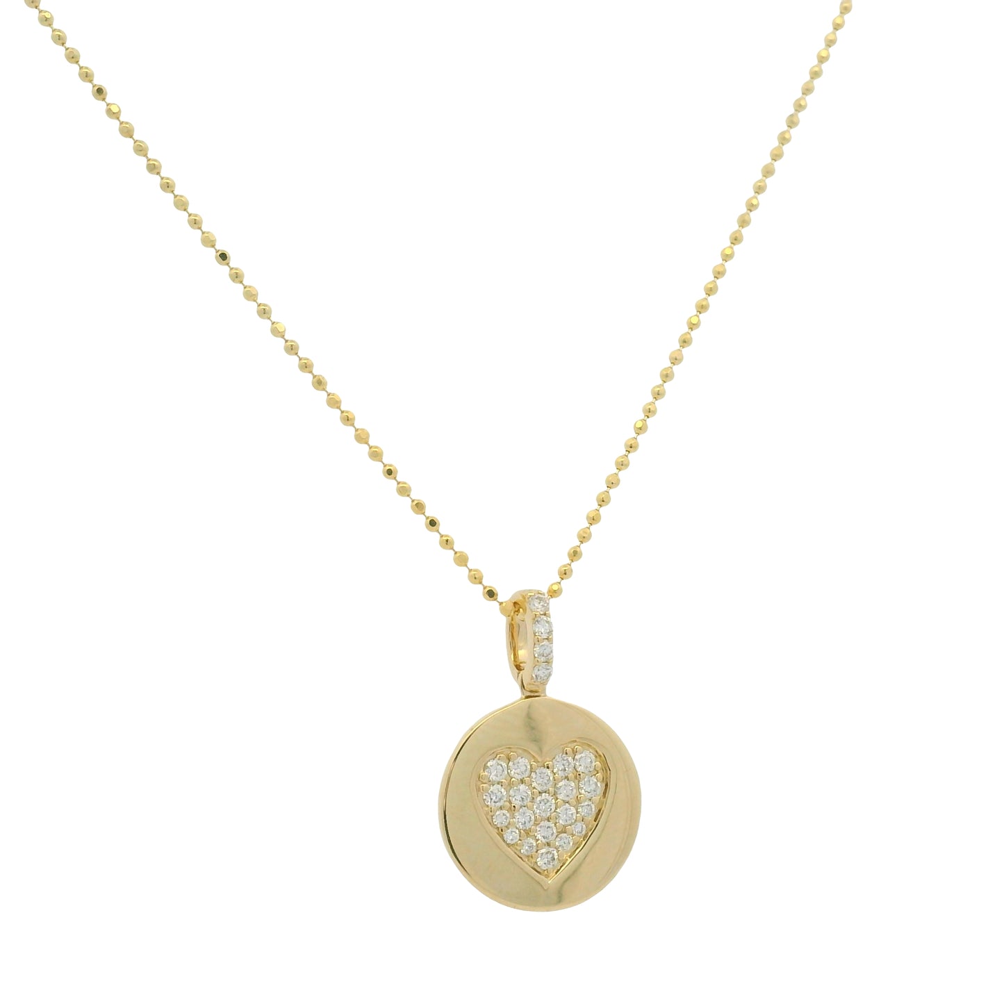 14K Yellow Gold Natural Diamond Pavé Heart Disc Pendant Beaded Necklace