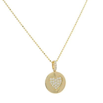 14K Yellow Gold Natural Diamond Pavé Heart Disc Pendant Beaded Necklace