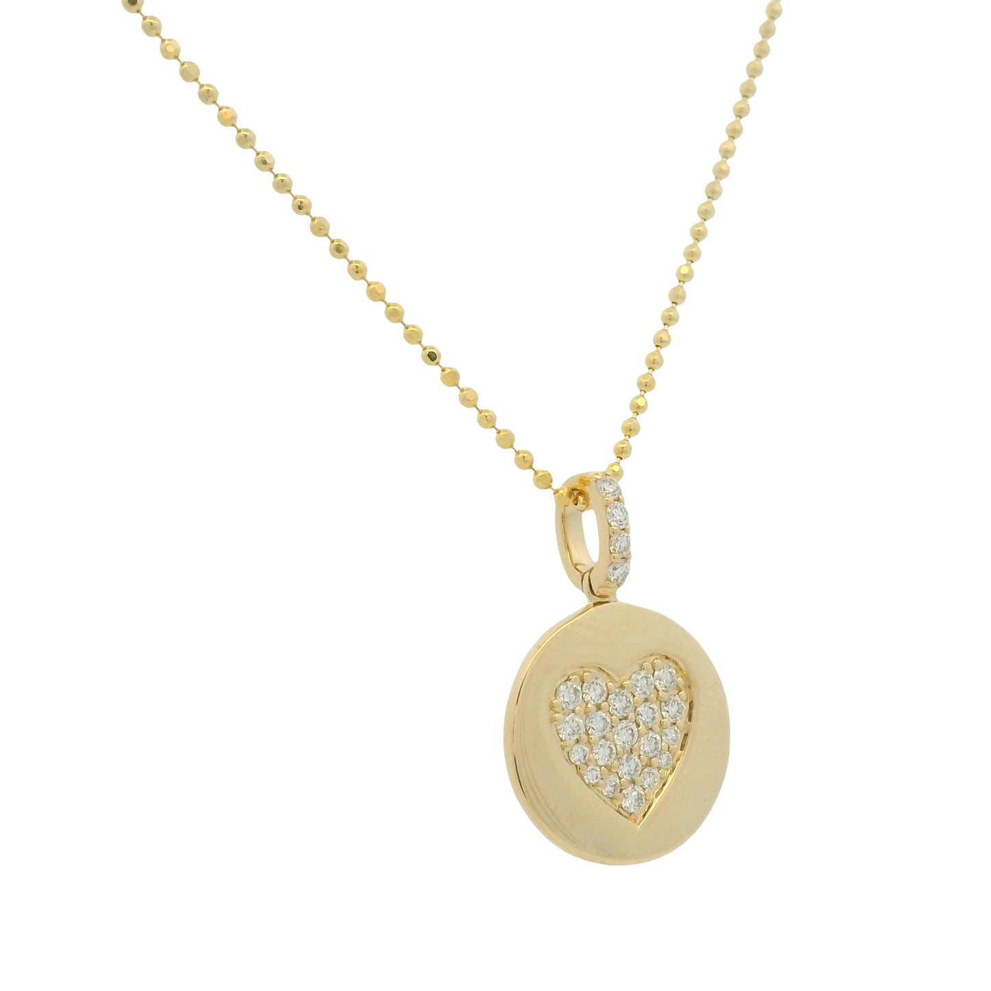 14K Yellow Gold Natural Diamond Pavé Heart Disc Pendant Beaded Necklace