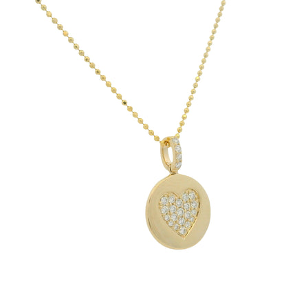14K Yellow Gold Natural Diamond Pavé Heart Disc Pendant Beaded Necklace