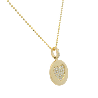 14K Yellow Gold Natural Diamond Pavé Heart Disc Pendant Beaded Necklace