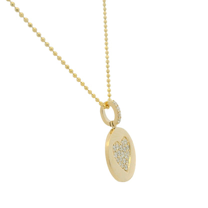 14K Yellow Gold Natural Diamond Pavé Heart Disc Pendant Beaded Necklace