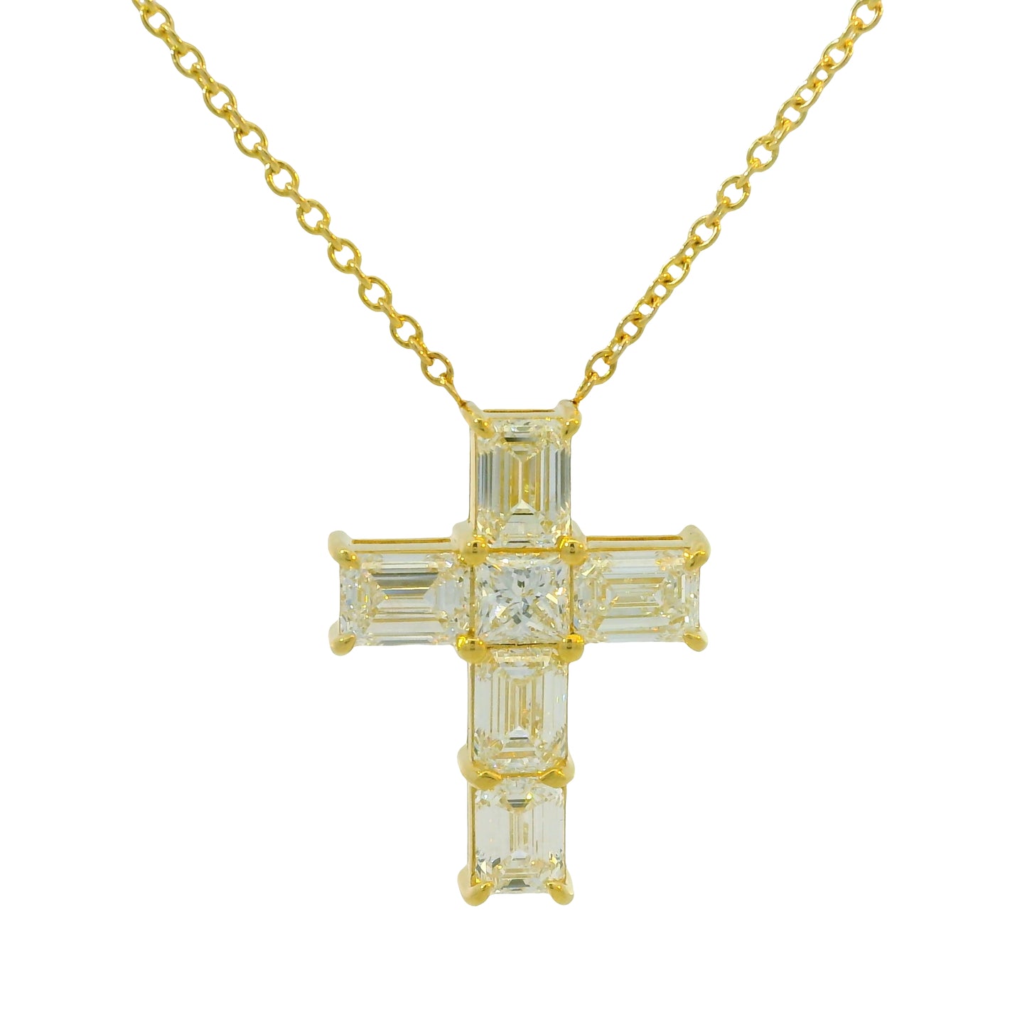 18k Yellow Gold Natural Emerald Cut Diamond Cross Pendant Necklace