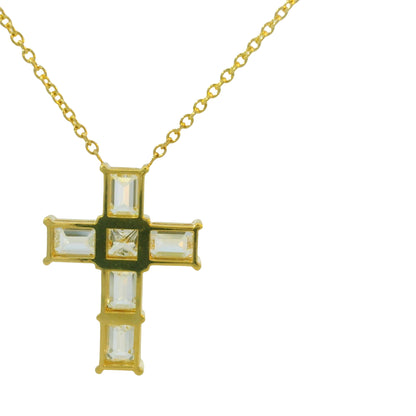 18k Yellow Gold Natural Emerald Cut Diamond Cross Pendant Necklace