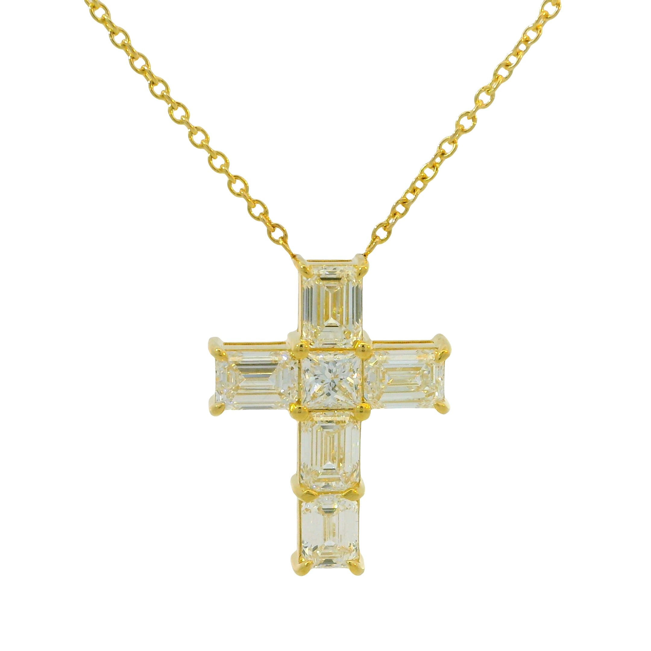 18k Yellow Gold Natural Emerald Cut Diamond Cross Pendant Necklace