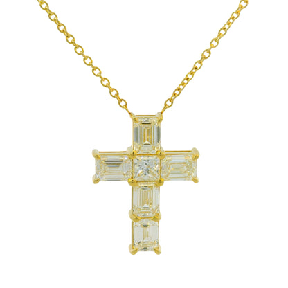 18k Yellow Gold Natural Emerald Cut Diamond Cross Pendant Necklace