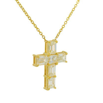 18k Yellow Gold Natural Emerald Cut Diamond Cross Pendant Necklace