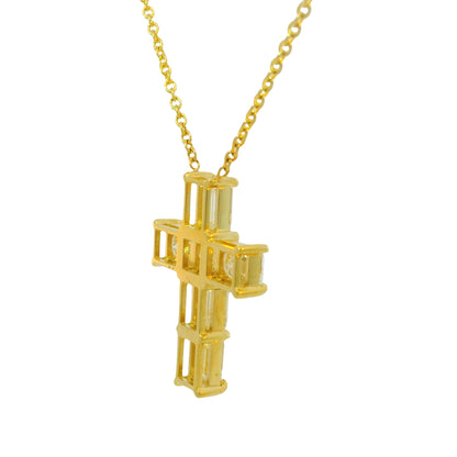 18k Yellow Gold Natural Emerald Cut Diamond Cross Pendant Necklace