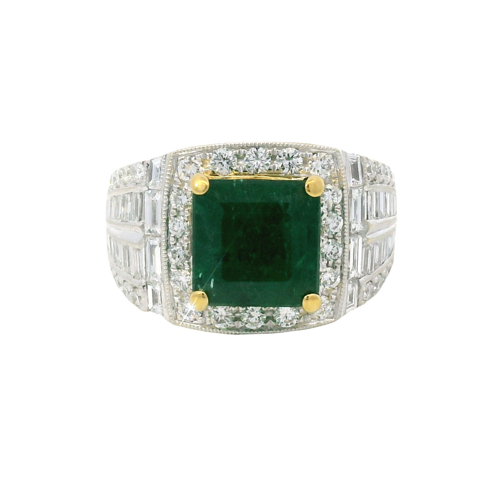 18K Two-Tone Gold Natural 3.85 Carat Emerald & Diamond Halo Ring