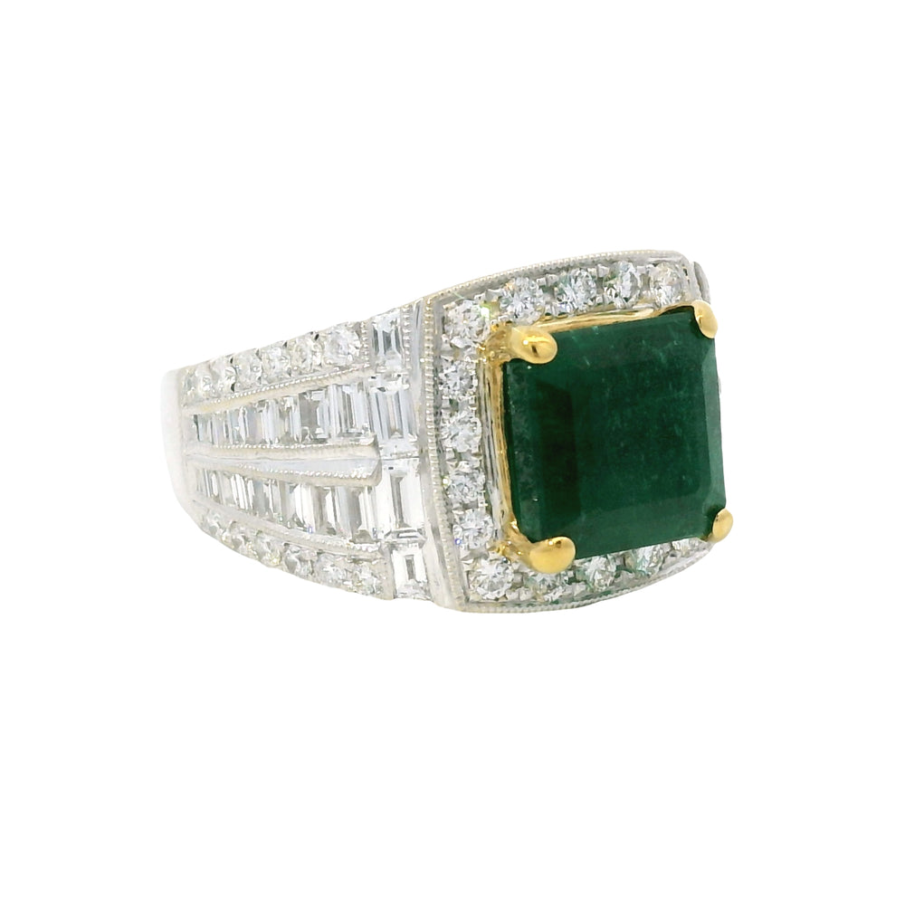 18K Two-Tone Gold Natural 3.85 Carat Emerald & Diamond Halo Ring